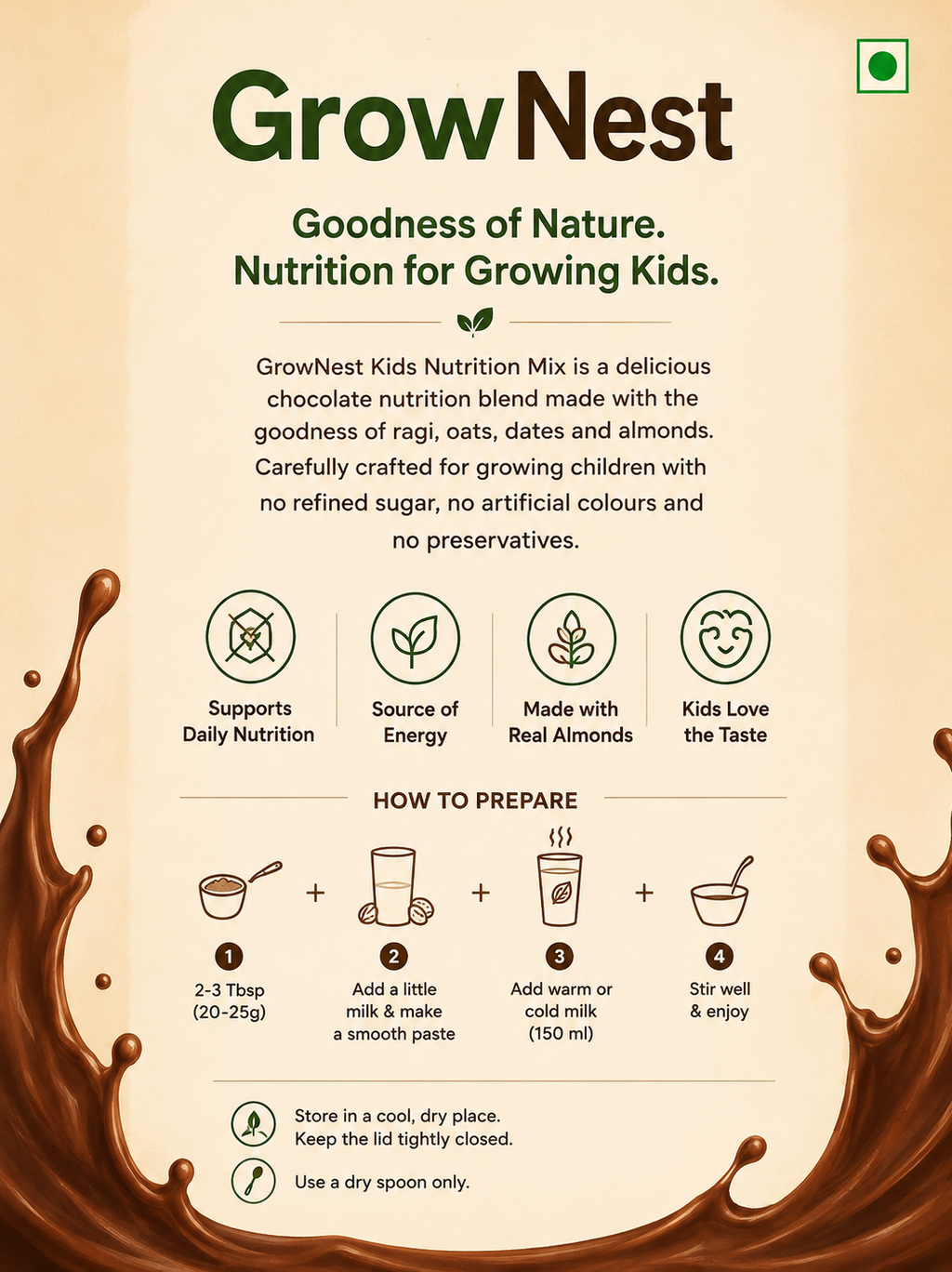 GrowNest Kids Nutrition Mix | Chocolate Flavour | No Refined Sugar | 250g