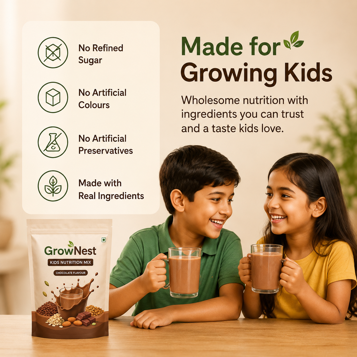 GrowNest Kids Nutrition Mix | Chocolate Flavour | No Refined Sugar | 250g