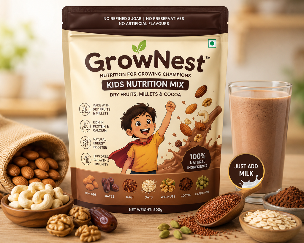 GrowNest Kids Nutrition Mix | Dry Fruits, Millets & Cocoa | No Refined Sugar | 500g