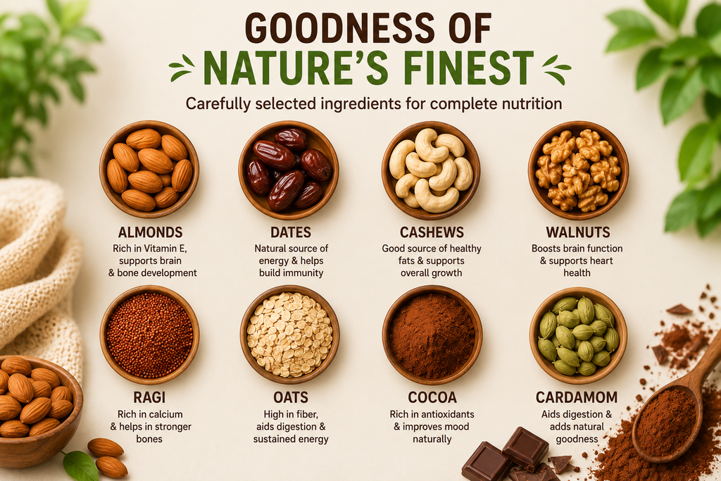 GrowNest Kids Nutrition Mix | Dry Fruits, Millets & Cocoa | No Refined Sugar | 500g